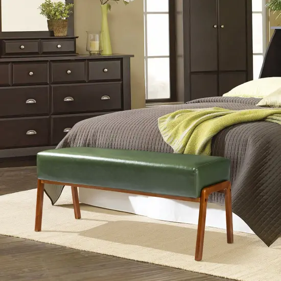 42.25"W Mid-century Modern Hunter Green Leatherette Bench with Walnut Rubberwood Legs {3}
