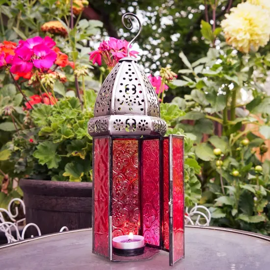 In the Breeze 9213 — Pink & Red Large Hex Tealight Lantern — Moroccan-Style Boho Chic Tealight Glass and Metal Tabletop Lantern {2}