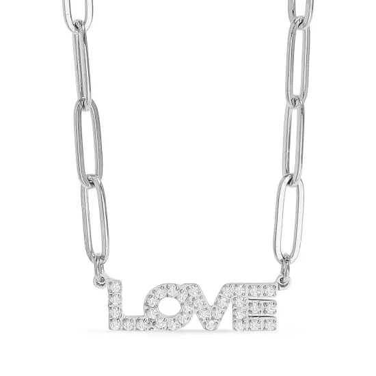 18K Gold PVD Stainless Steel Stone "Love" Paperclip Chain Necklace {3}