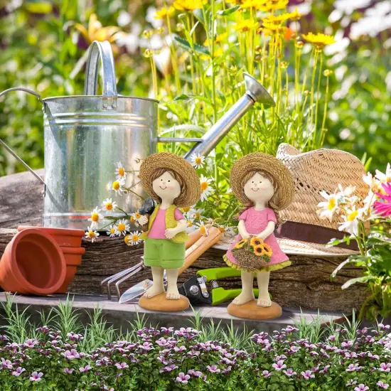 Spring Garden Boy & Girl Figurine Set - H9 inch Whimsical Statue Flower Garden Decor for Indoor & Outdoor Display - Charming Spring and Summer Decorations for Yard, Patio, or Home {5}