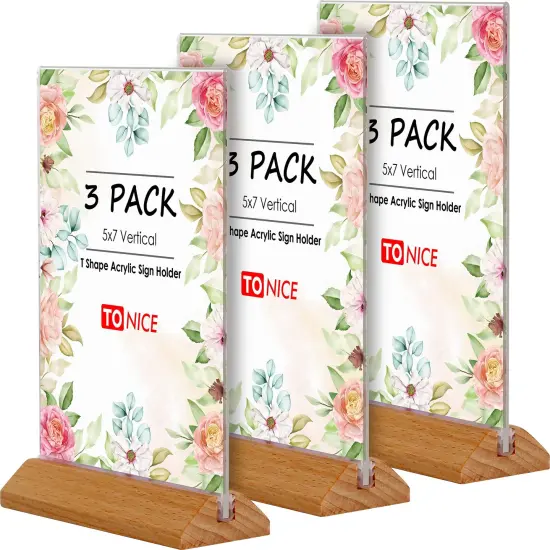 3 Pack 5x7 Acrylic Sign Holder T Shape Clear Acrylic Double Sided Frames with Wood Base Table Menu Display Stand Flyer Display (Optional 8.5x11/5x7 Inch L/T Shape) {1}