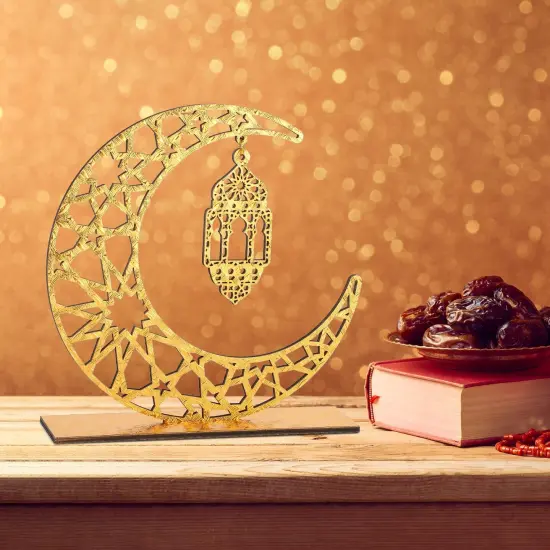 2 Pieces Wood Ramadan Decorations Islamic Eid Mubarak Kareem Table Sign Moon Hollow Star Ornament for Muslim Party Tabletop Decor Home Art Craft Decoration Golden Moon {4}