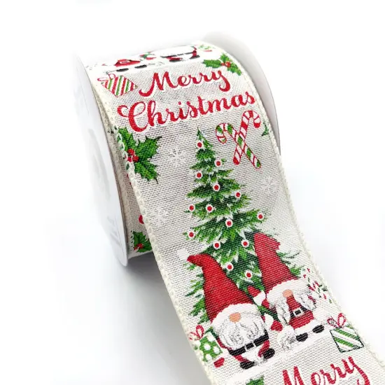Designer&rsquo;s Shop WR 63-5205 Merry Christmas Gnome & Tree Wired Edge Ribbon &ndash; 2.5" x 10 Yards &ndash; Holiday Candy Cane, Gift, and Holly Design {1}