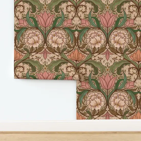 Pre-Pasted Wallpaper 2FT Wide Arts And Crafts Pink Green Hand Drawn Floral Scroll Traditional Heritage Revival Custom Pre-pasted Wallpaper by Spoonflower {2}