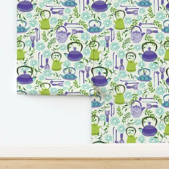 Pre-Pasted Wallpaper 2FT Wide Traditional Tea Time Matcha Japanese Ceremony Lilac Floral Botanical Green Teapots Leaves Whisk Purple Bohemian Custom Pre-pasted Wallpaper by Spoonflower {2}