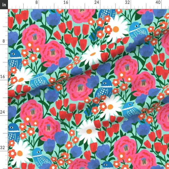 Various Fabrics by the Yard or Fat Quarter Retro Scandi Floral Botanical Birds Colorful Tulips Daisies Folk Art Scandinavian Midcentury Modern Mcm Blue Red Pink Large Scale Bold Faux Custom Printed Fabric by Spoonflower {1}