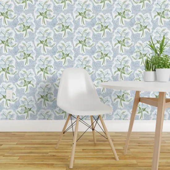 Pre-Pasted Wallpaper 2FT Wide Pastel Wildflower Polka Dots Pearl Blue And White Cottagecore Grandmillenial Custom Pre-pasted Wallpaper by Spoonflower {1}