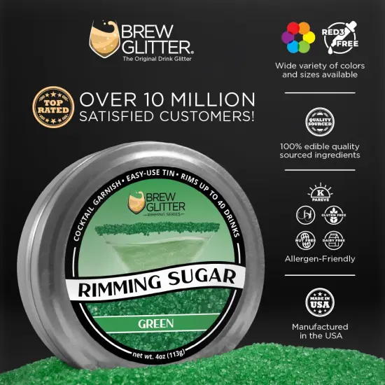 Brew Glitter - Green Rimming Sugar (4oz, 1x Bar Tin) Cocktail Garnish for Mixed Drinks & Refreshments {2}