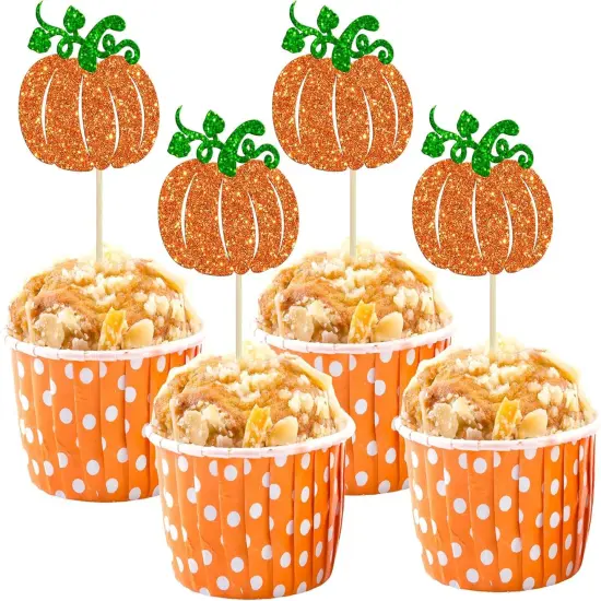 24Pcs Pumpkin Cupcake Toppers Glitter {1}