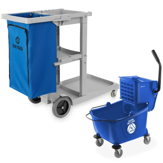 Dryser Commercial Janitorial Cleaning Cart on Wheels with Shelves and Vinyl Bag & Commercial Mop Bucket with Side Press Wringer, 26 Qt. Blue {1}