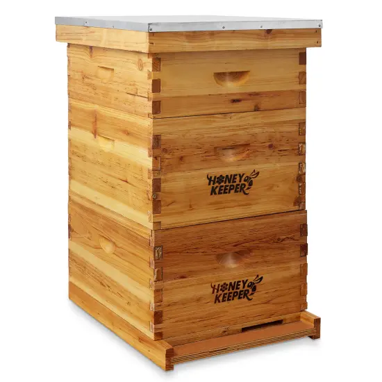 Honey Keeper Beehive 10 Frame Complete Box Kit Coated in 100% Beeswax (Waxed Boxes, 2 Deep and 1 Medium) with Wooden Frames and Waxed Foundations for Langstroth Beekeeping {1}
