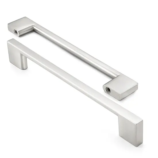 Cauldham Solid Kitchen Cabinet Pulls Handles (6-5/16" Hole Centers) - Modern Thin Profile Drawer/Door Hardware - Style M255 - Satin Nickel {2}