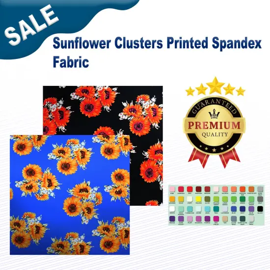 Sunflower Clusters Printed Spandex Fabric Blue/Yellow {2}