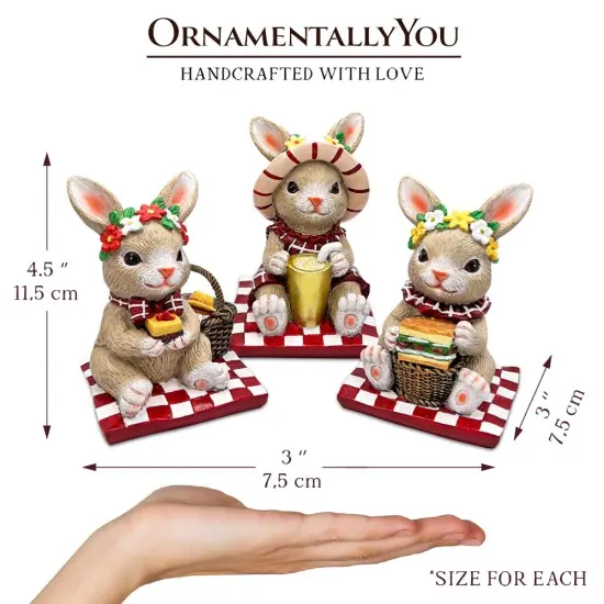 Joyful Picnic Gathering Bunny Trio Set of Three Figurines, Spring Rabbit Statue 4.5" Decor {3}
