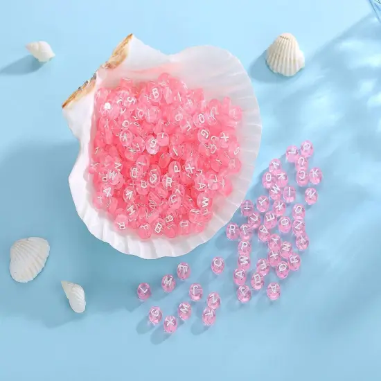 1500PCS Acrylic Letter Beads Alphabet White Letters Pink Transparent Round Bead 7&times;4mm for Jewelry Bracelets Necklaces Key Chains Making {2}