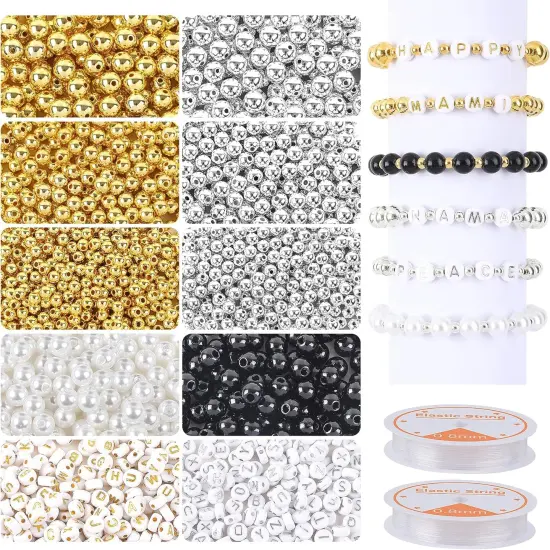 1800Pcs Jewelry Beads Making Set, Silver & Gold Round Spacer Beads 3 Sizes Smooth Alphabet Pearls Beads and 2 Rolls Elastic String for DIY Craft Supplies {1}