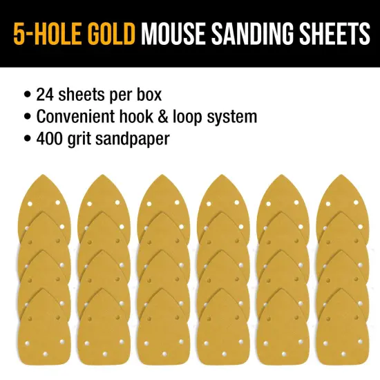 400 Grit - 5-Hole Pattern Hook & Loop Sanding Sheets for Mouse Sanders - Box of 24 {4}