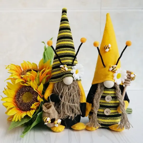 Bumble Bee Gnome Plush, Spring Honeybee Decor, Mr and Mrs Gnomes Plush Tomte Elf World Bee Day Figurine for Rustic Farmhouse Tiered Tray {5}
