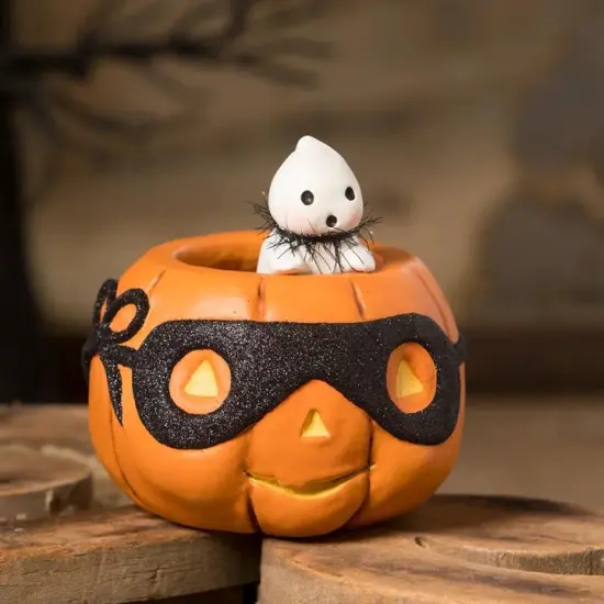 Bethany Lowe by Artist Michelle Allen Halloween Jack-O-Lantern and Peeking Boo Ghost Candy Dish 5.25 Inch Figurine {3}