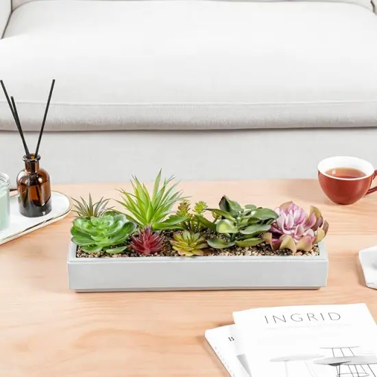 15 Inch Mixed Color Assorted Artificial Succulent Plant Arrangement in Modern Gray Clay Planter Tray {4}