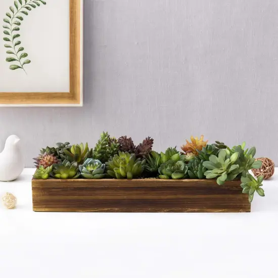 Artificial Succulent Centerpiece, 15.75 Inch Faux Succulents Arrangement Plants in Rustic Burnt Wood Rectangular Planter Box {3}