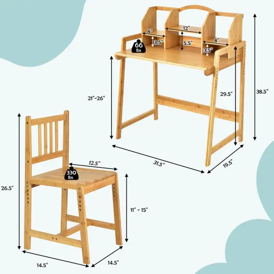 Costway Bamboo Kids Study Desk And Chair SetHeight Adjustable Home School w/ Bookshelf {4}