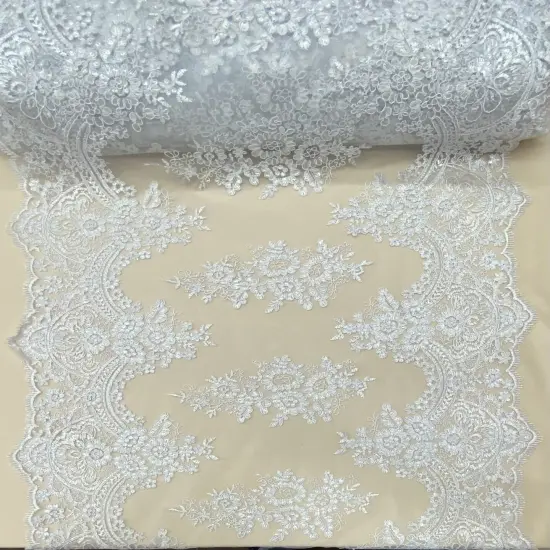 1 Yard White Floral Sequin Lace Fabric with Embroidered Mesh and Scalloped Double Border 51" Width {1}
