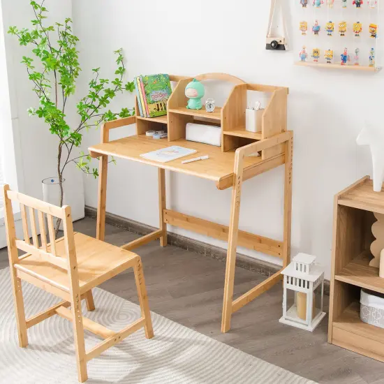Costway Bamboo Kids Study Desk And Chair SetHeight Adjustable Home School w/ Bookshelf {3}