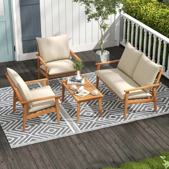 Costway 4 PCS Acacia Wood Patio Furniture Set with Soft Cushions and Coffee Table {5}