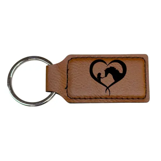 Keychain - Rectangle - Girl and Horse Heart - Leather Rustic/Gold {4}