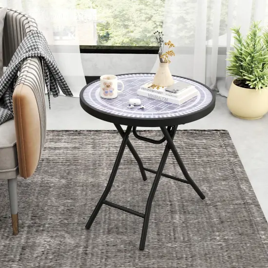Black Metal Folding Side Table 18 Inch Round Compact Patio Coffee Table with Easy Storage Grey {2}