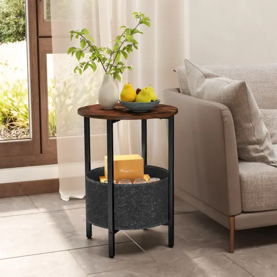 Round End Table 2-Tier Side Table with Removable Fabric Basket and Metal Frame-Rustic Brown {3}