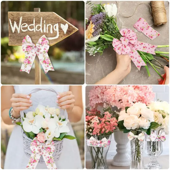 Floral Wired Edge Ribbon 4 Rolls Rose Flower Pattern Ribbon Spring Summer Fabric Decorative Craft Ribbon Roll for Gift Wrapping Decor Hair Bow Sewing Wreath Crafts, 20 Yard x 2.5 Inch {3}