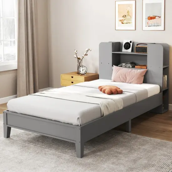 Wooden Twin Bed Frame with Bookcase Headboard Storage Shelves and Under-bed Space Grey {5}