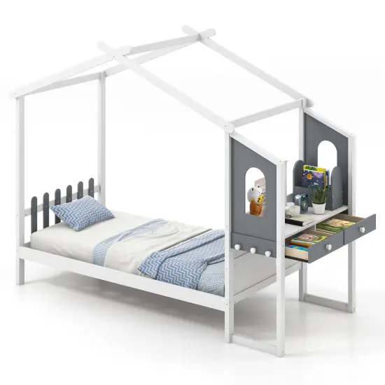 House Shaped Bed Frame with 2 Drawers, 1 Storage Box and 3 hooks for Kids {4}