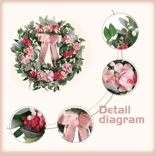 22&rdquo; Artificial Flower Wreath,Hydrangea Lamb's Leaves Wreath Spring/Summer Floral Wreaths with Ribbon Bow for Front Door Wall Window and Holiday Festival Party Banquet Wedding Decor {2}