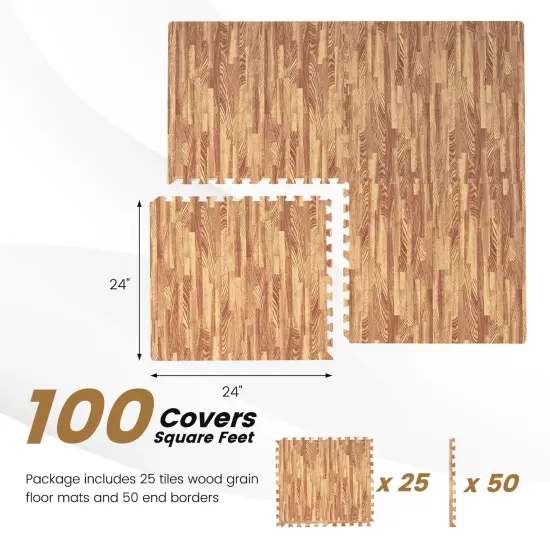 25 Tiles Wood Grain Foam Floor Mats with Borders- Natural {5}
