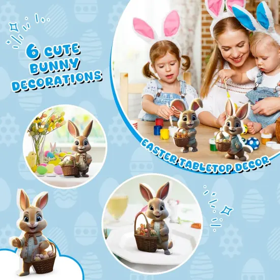 6 PCS Easter Bunny Decorations Indoor, Easter Bunny Wooden Signs, Table Centerpieces Easter Rabbit with Basket Egg {4}