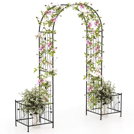 2 in 1 Garden Arbor with 2 Side Planters and 8 Ground Stakes-Black {3}