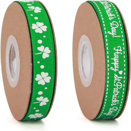 20 Yards Shamrocks Ribbons 3/8 Inch Irish Day St. Patrick's Day Themed Clover Polyester Ribbon for Gift Wrapping Party Decoration Craft and Sewing {1}