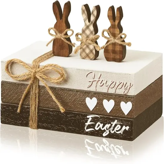 6 Pcs Easter Tiered Tray Decor Wooden Farmhouse Faux Stacked Books Easter Bunny Rabbit Decorative Table Centerpiece Block Signs for Party Home Kitchen Dining Table Decor {1}