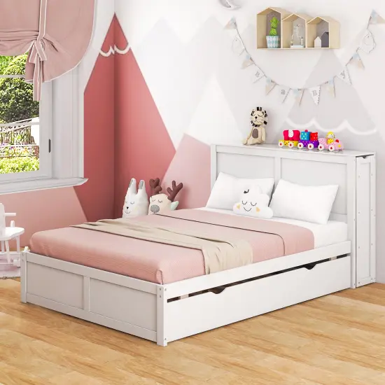 Kids Wooden Platform Bed with Trundle Storage Headboard-Full Size {3}