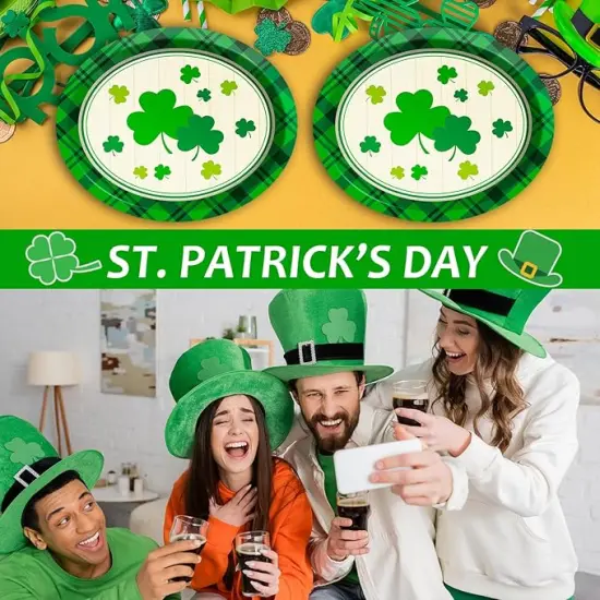 50 Pcs St. Patrick&rsquo;s Day Party Oval Paper Plates 11inch Large Green Shamrocks Platters, Wood Grain Dish Tray for Irish Party Supplies St. Patrick&rsquo;s Day Party Decor Dinner Party Tableware {3}