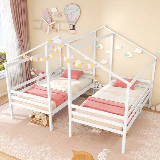 Double Twin Size Wooden Bed Frames with Built-in Table for Kids-White {5}