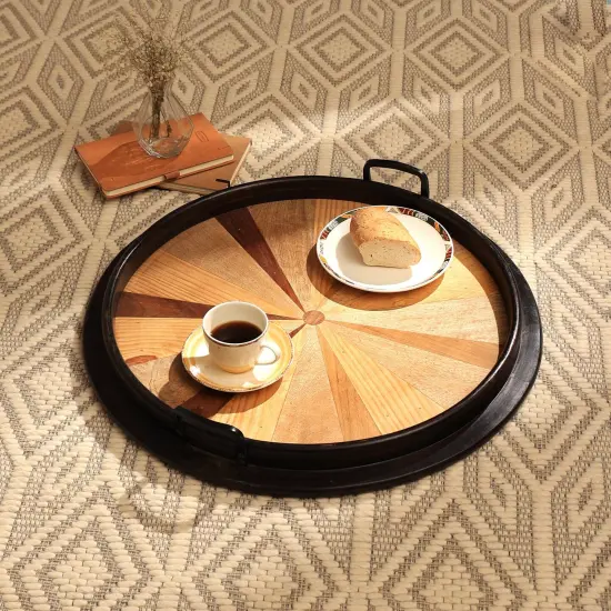 Round Wooden Serving Tray with Sunburst Inlay &ndash; 23.5" Decorative Tray with Black Rim & Handles {1}