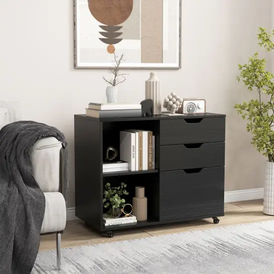 Modern Mobile File Storage Cabinet with Large Tabletop 3 Drawers and Smooth Rolling Wheels Black {3}