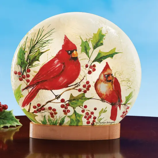 Collections Etc Hand-Painted Holly Cardinal Festive LED Lighted Sphere {1}