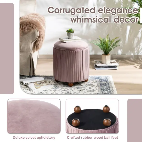 Modern Dusty Pleated Velvet Upholstered Storage Ottoman or Accent Stool with Rubberwood Ball Feet Brown {8}