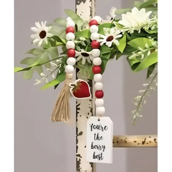 Wooden Strawberry Bead Garland with Jute Tassel and Scripted Tag {2}