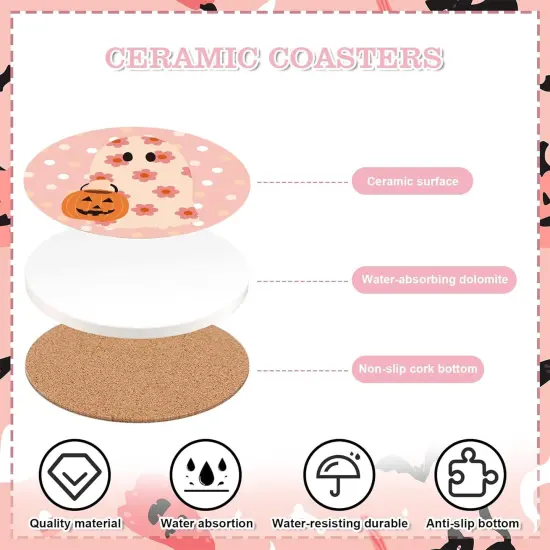 4Pcs Halloween Coasters Pink Ghost Bat Pumpkin Ceramic Coasters {3}